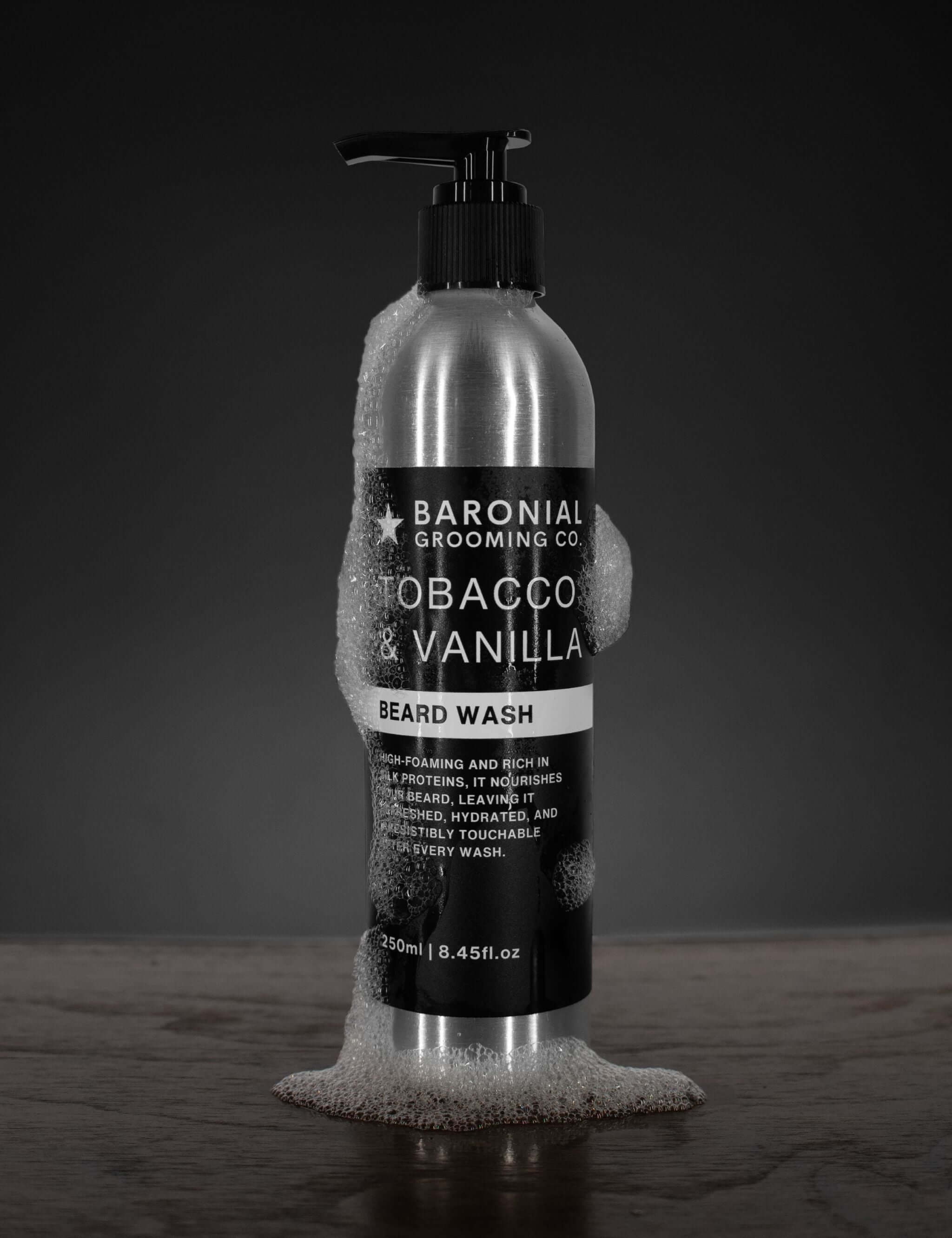 Tobacco & Vanilla Silk Protein Beard Wash on dark rustic background – nourishing beard cleanser with warm, sophisticated aroma.