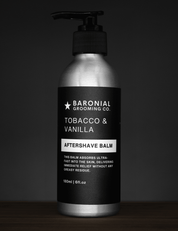 Tobacco & Vanilla Aftershave Balm on dark rustic background – nourishing post-shave balm with warm, masculine scent.
