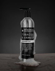 Tobacco & Vanilla SLS Free Shower Gel – premium men’s body wash on dark rustic background.