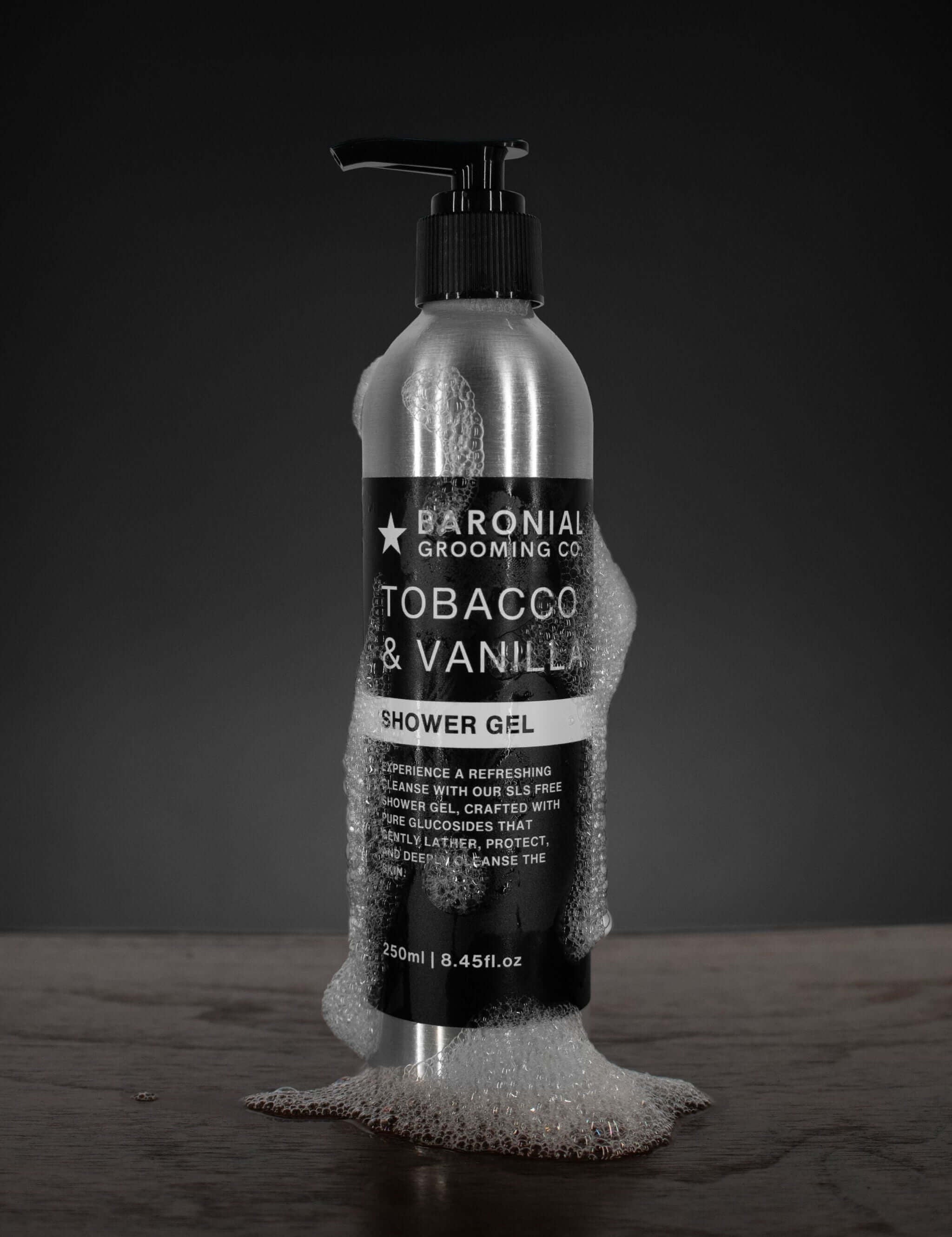 Tobacco & Vanilla SLS Free Shower Gel – premium men’s body wash on dark rustic background.