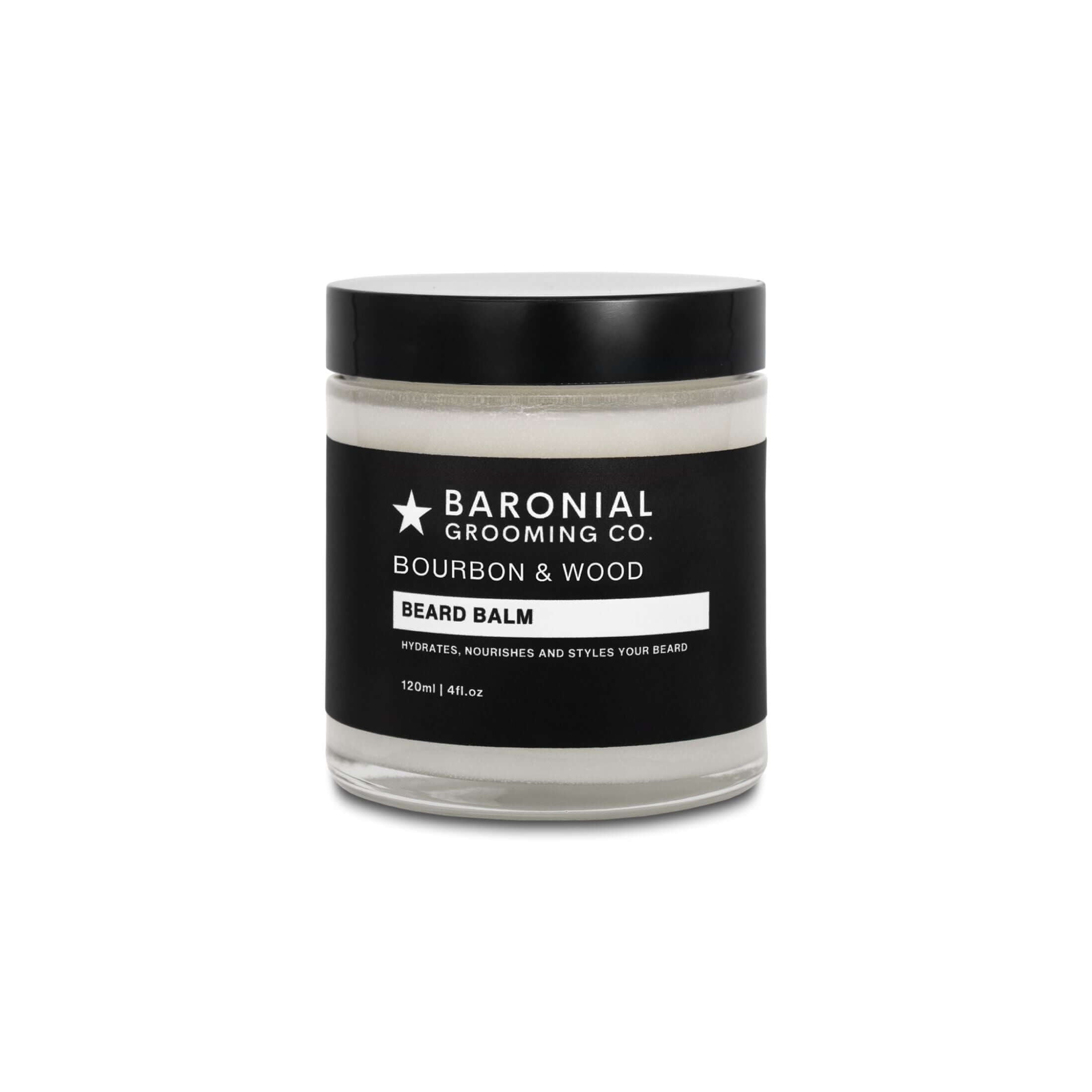 Bourbon & Wood Beard Balm – nourishing balm for shaping and softening beards with a rich, woody fragrance.