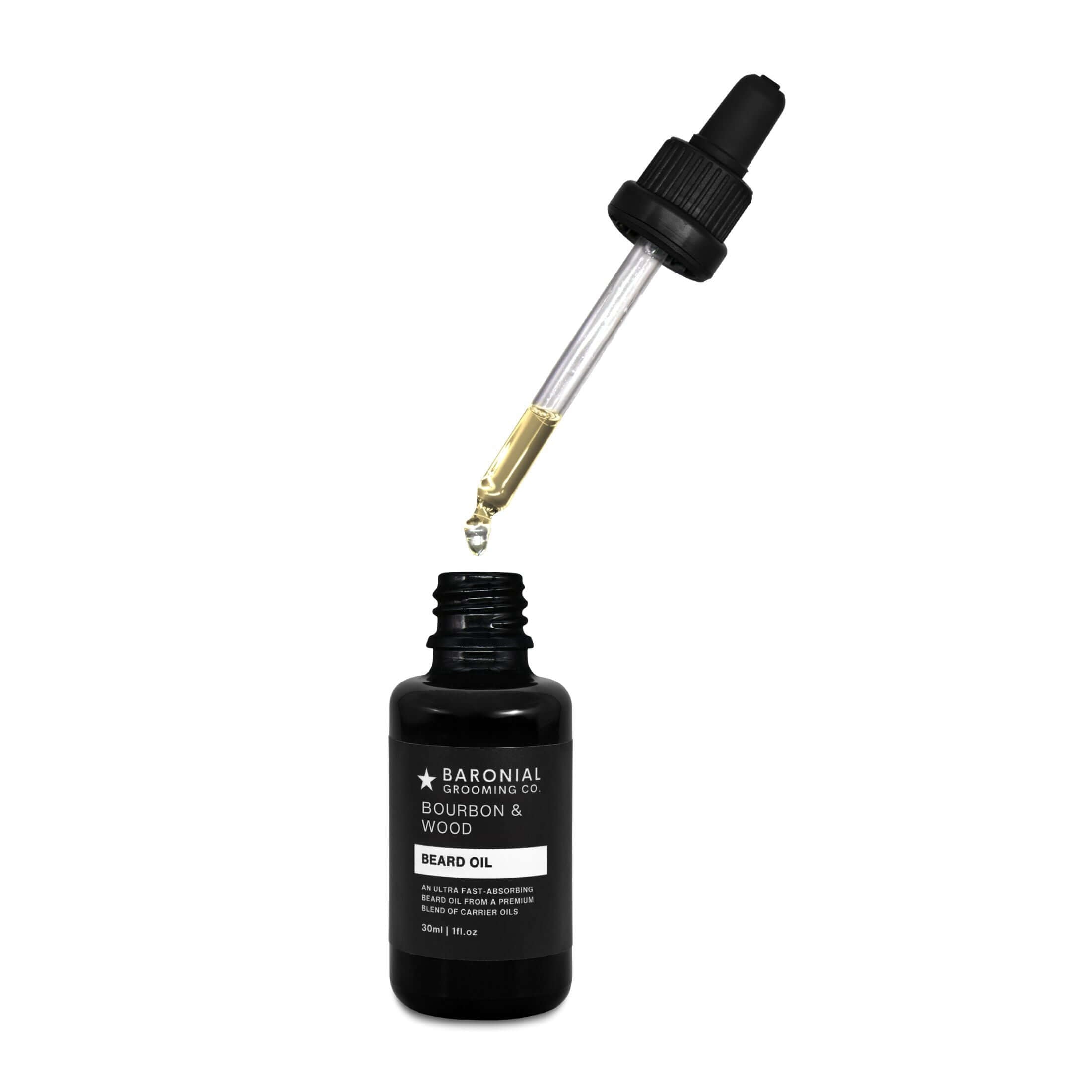Open bottle of beard oil with full dropper – premium beard oil displayed for application, emphasizing artisan craftsmanship.