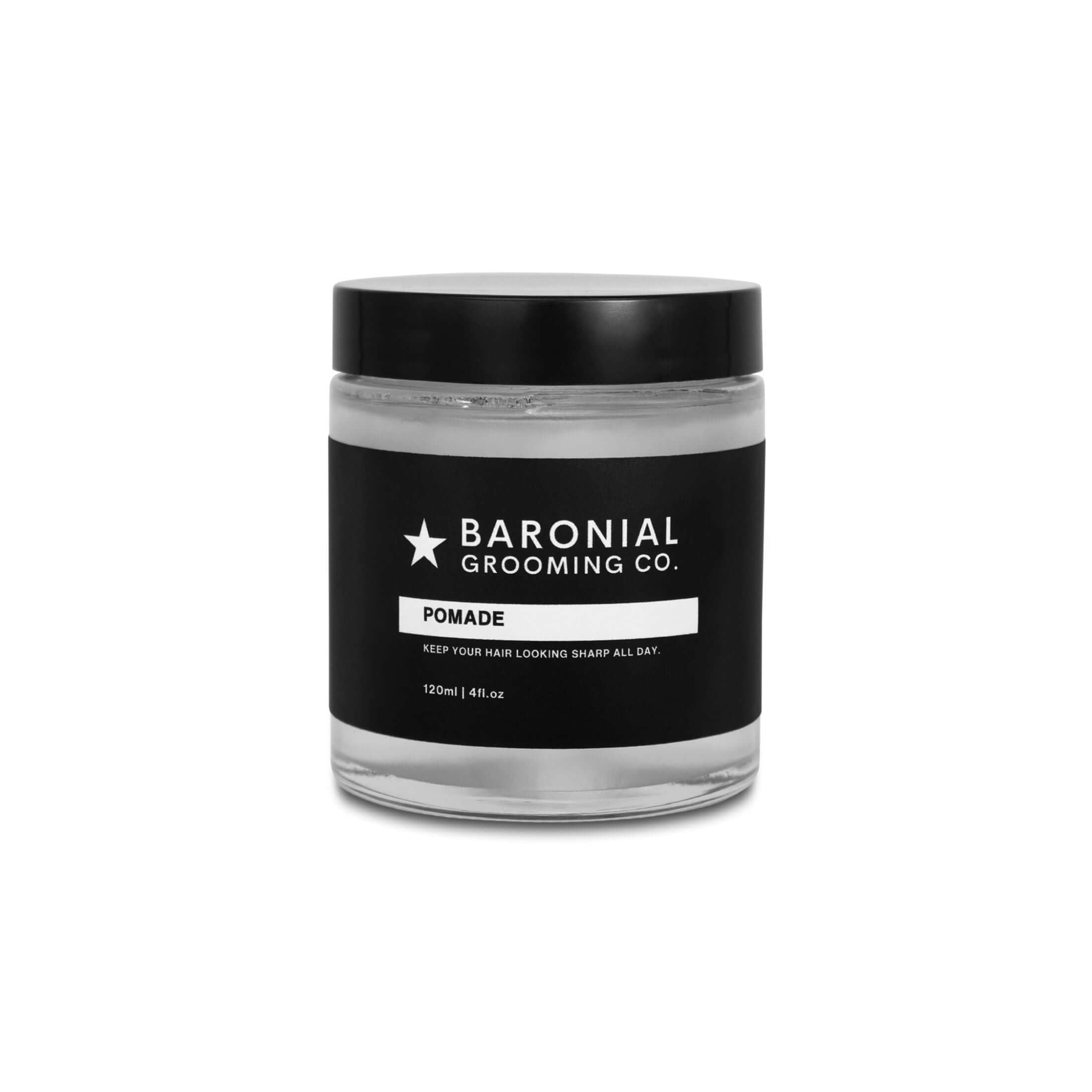 Hair pomade in glass jar – premium men’s styling product with a medium to strong hold and natural shine, perfect for a polished, classic look.