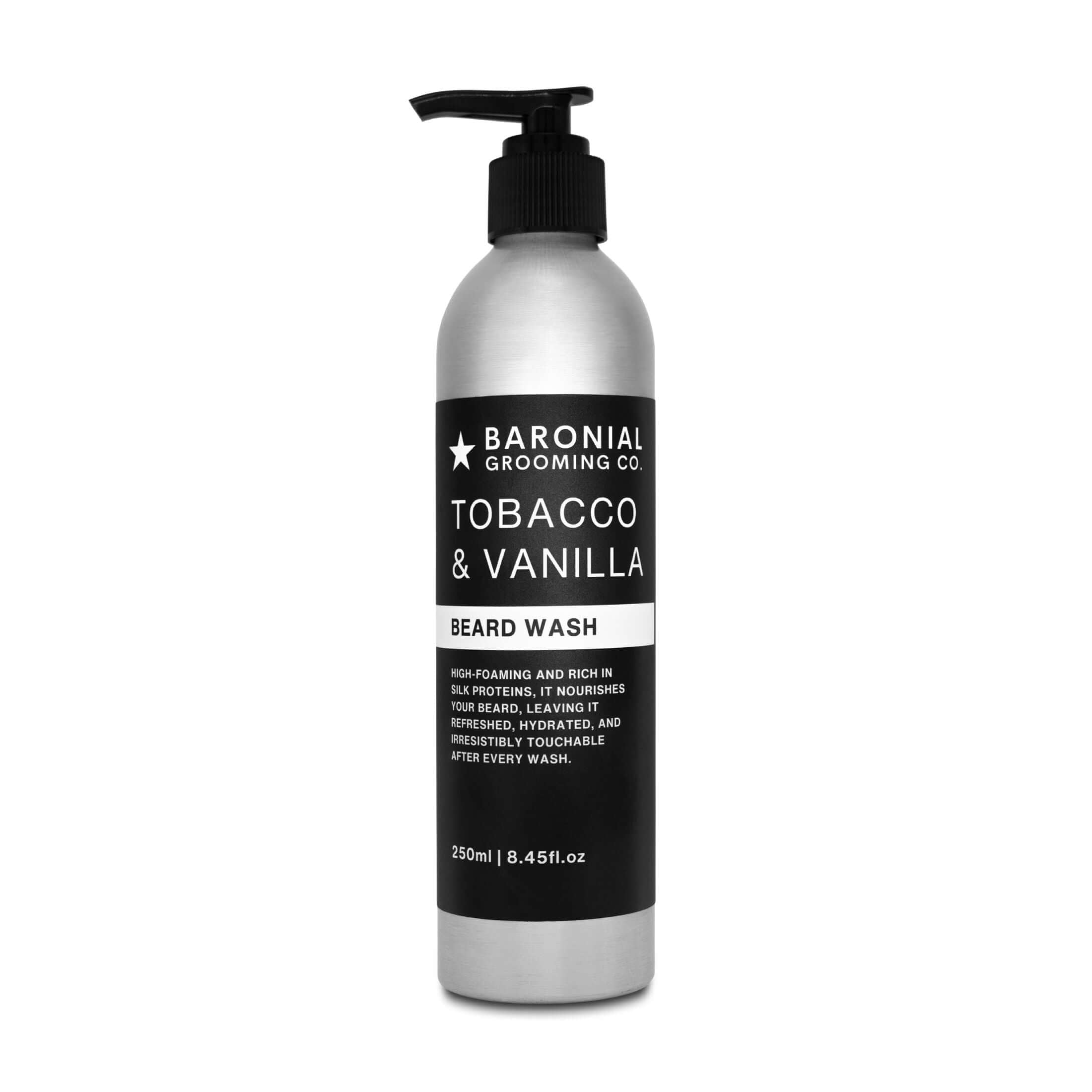 Tobacco & Vanilla Silk Protein Beard Wash – nourishing beard cleanser with luxurious lather and classic scent.