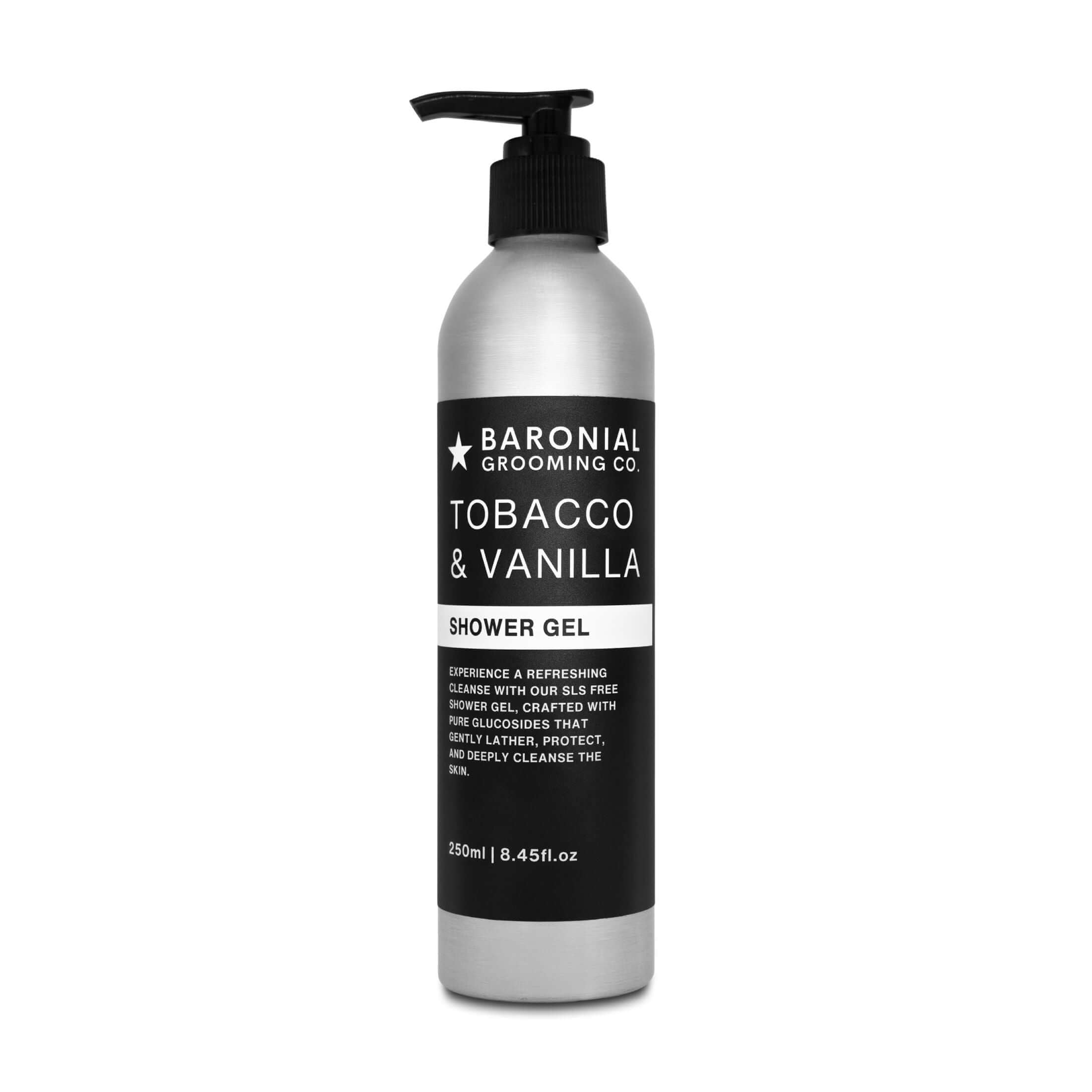 Tobacco & Vanilla SLS Free Shower Gel bottle – rich, aromatic men's body wash with warm, inviting scent.